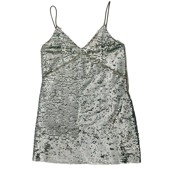 Mango Silver Sequin & Mesh Trim V-Neck Spaghetti Strap Mini Party Cocktail Dress - Picture 15 of 16